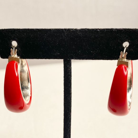 Huggie Hoop Earrings Red Enamel Silver Tone Base Latch Back - Picture 2 of 8